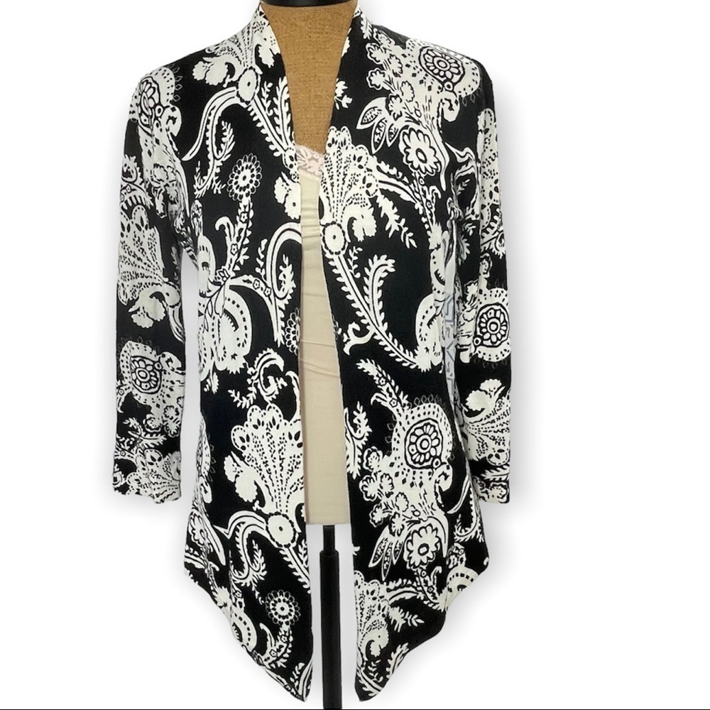 Cache Cardigan High Low Floral Black White Open Front 3/4 Sleeve Paisley medium 